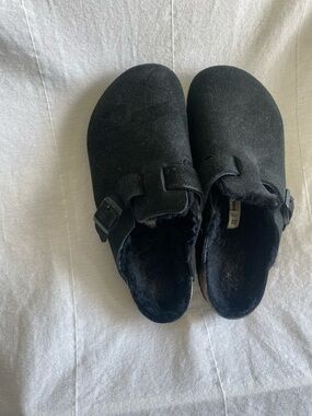 Birkenstock Black Suede Shearling-Lined Clog with Buckle